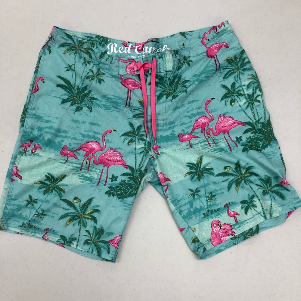 Green Pink Flamingo Beach Swim Trunks Cargo Board